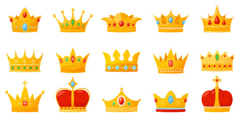 Cartoon golden crowns. Royal coronas with precious stones. Monarchic elements. King metal hats. Imperial symbols of power. Queen jewelry headwear. Coronation diadems. Recent vector set