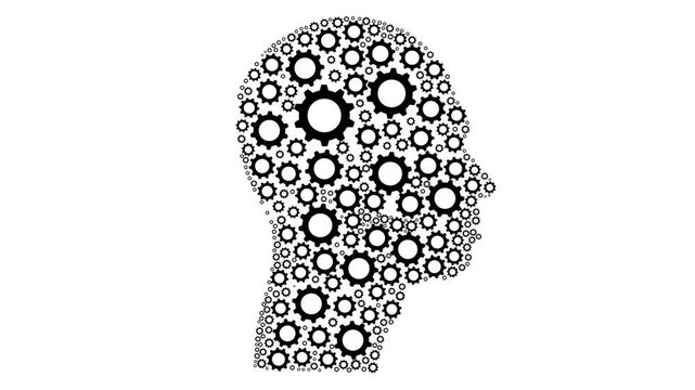 Human Head Shape made of Gears. Creative Brain and innovation, technology and man intelligence Concept. side view of man head silhouette filled with cogwheels.