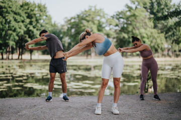 Group exercise session with people performing calisthenics workout in a park by the lake. Emphasis...