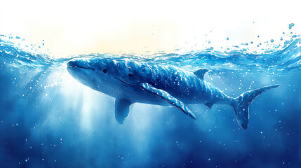 Fototapeta premium Blue whale swimming underwater with sunlight streaming through. AI-generated
