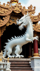 Fototapeta premium Striking White Marble Dragon Statue in Defensive Pose on Pedestal with Lavishly Ornamented Building Backdrop