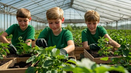 Three smiling children gardening in a greenhouse, surrounded by plants and soil.