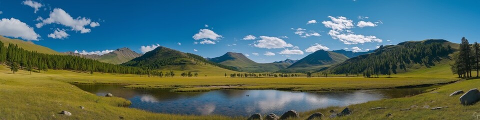 A beautiful landscape with a large body of water in the foreground and mountains in the background. The sky is clear and blue, and the sun is shining brightly. The scene is peaceful and serene