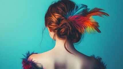 Fototapeta premium A woman with a colorful feather on her back and hair