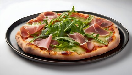 Pizza with prosciutto and arugula black plate isolated white background