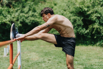 Fit, strong male athlete stretching outdoors in a park before his workout. The image captures a...