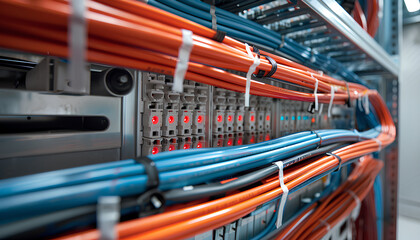 Newly Built Residential Building Electrical Wiring Installation Performed by Professional Caucasian Electrician. Industrial Theme.