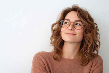 Obraz premium Happy smiling young adult woman wearing luxury stylish eyeglasses looking away isolated on white background. advertising glasses or optics store promotion.