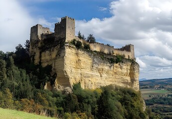 Fototapeta premium Majestic Medieval Castle Perched on a Dramatic Cliff Surrounded by Lush Greenery and a Vibrant Blue Sky with Fluffy White Clouds