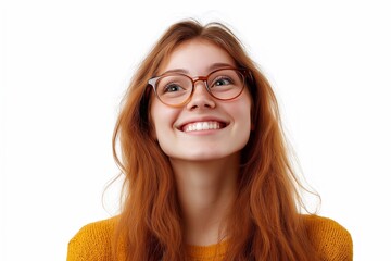 Obraz premium Happy smiling young adult woman wearing luxury stylish eyeglasses looking away isolated on white background. advertising glasses or optics store promotion.