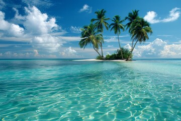 a serene tropical island with swaying palm trees and crystal-clear blue water, ideal for a perfect