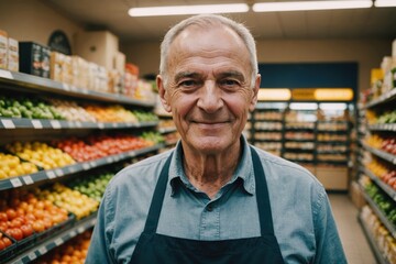 Close portrait of a smiling senior Kosovar male grocer standing and looking at the camera, Kosovar grocery store blurred background