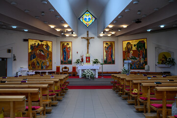 View of altar Inside of church in Dlhe Diely, Karlova Ves, Bratislava