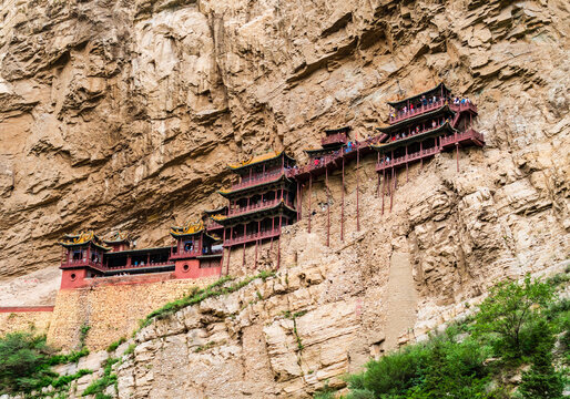 Stunning view of Xuankong Temple, the hanging monastery built into a cliff near Datong, Shanxi province, China