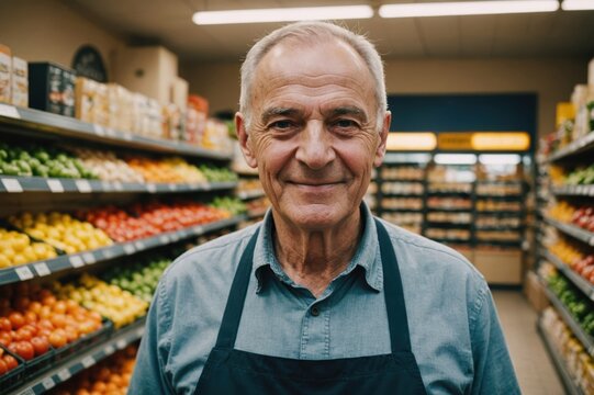 Close portrait of a smiling senior Kosovar male grocer standing and looking at the camera, Kosovar grocery store blurred background