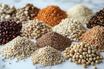 Obraz premium Assortment of colorful grains and legumes displayed in piles on white surface