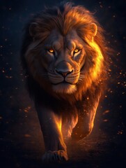 Naklejka premium Majestic lion with a fiery mane and glowing eyes, walking confidently in a dark forest setting, evoking strength, power, and mythical presence