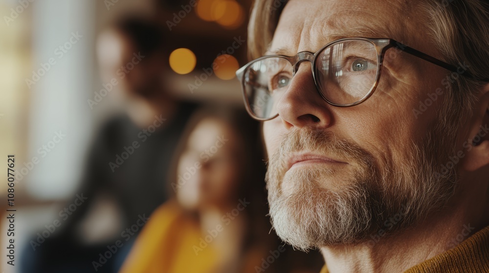 Poster close up of thoughtful professor wearing eyeglasses listening attentively during meeting in universi