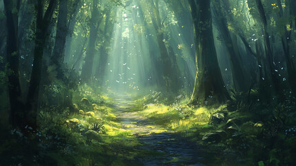 Forest Pathway with Sunlight Beams