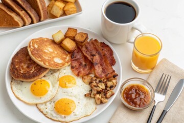 Full American Breakfast on a White Plate A Top-View of Crispy Bacon, Eggs, Toast, and Fresh Fruits, Perfectly Arranged for a Hearty Morning Meal.