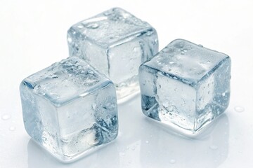 Three Ice Cubes Isolated on a White Background Crisp, Clear Cubes Glimmering with Freshness, Perfect for Refreshing Drinks or Stylish Presentations.