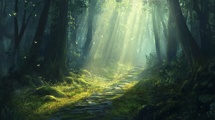 Forest Pathway with Sunlight Beams