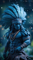 A powerful depiction of a warrior adorned with intricate blue feathers, beads, and tribal attire, standing amidst an atmospheric background with glowing particles
