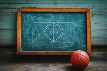 Green basketball coaching whiteboard with basic play diagram and basketball next to it