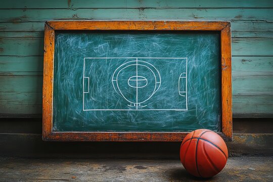 Green basketball coaching whiteboard with basic play diagram and basketball next to it