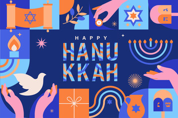 Happy Hanukkah greeting card with symbols of Jewish holiday. Template for banner, flyer with Torah, menorah candles, wooden dreidels, oil jar, star David and place for your text. Vector illustration.
