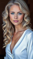 Fototapeta premium Portrait of attractive and confident woman with curly blonde hair in white shirt and gold necklace.