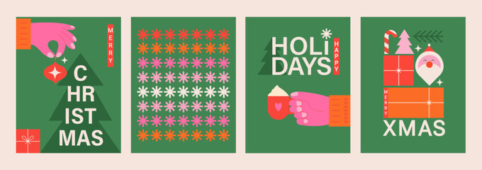 Merry Christmas and Happy New Year set greeting cards, posters, holiday covers. Trendy modern design flyers with hands holding Christmas tree toy,hot drink, christmas pattern and gifts. Vector