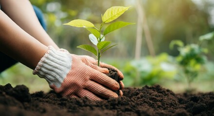 Fototapeta premium Eco-Friendly Gardening, Hands Planting a Tree in a Green Space