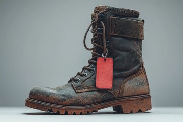 Military boot with red dog tag attached on white background