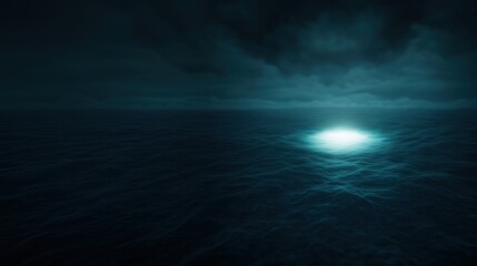 Obraz premium Dark, mysterious ocean scene with glowing light emanating from the water, evoking intrigue, serenity, and the unknown in a moody seascape