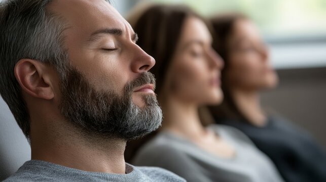 Employees practicing mindfulness meditation during a corporate training session, focusing on stress reduction and mental wellbeing in the workplace