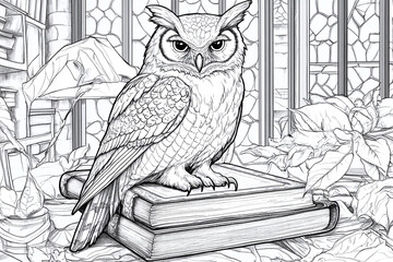 Fototapeta premium Coloring page of wise owl perched on ancient tome, line art.