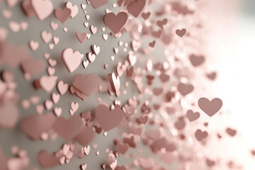 Valentine's Day background, Hundreds of delicate, rose-gold hearts float and flutter, creating a captivating movement across a muted grey backdrop