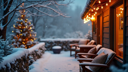 Fototapeta premium Snowy Porch with Twinkling Lights and a Christmas Tree