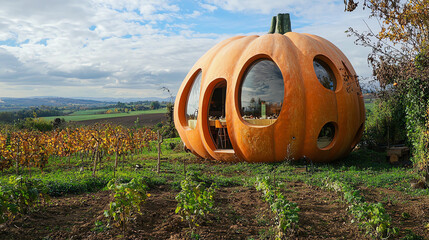 Unique pumpkin-shaped restaurant surrounded by vineyards on a sunny day in the countryside