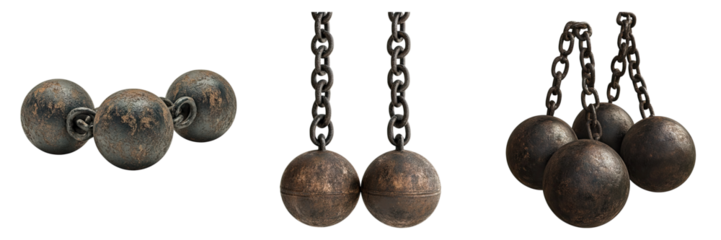 Cannon balls on chain isolated on transparent background, Set of