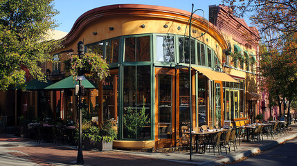 Charming restaurant with rounded roof and large windows showcasing outdoor dining in a vibrant neighborhood on a sunny day