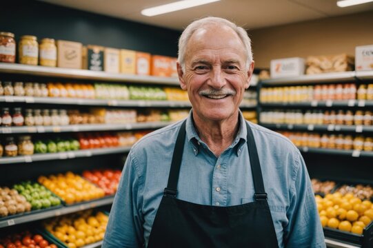 Close portrait of a smiling senior New Zealander male grocer standing and looking at the camera, New Zealander grocery store blurred background - Powered by Adobe