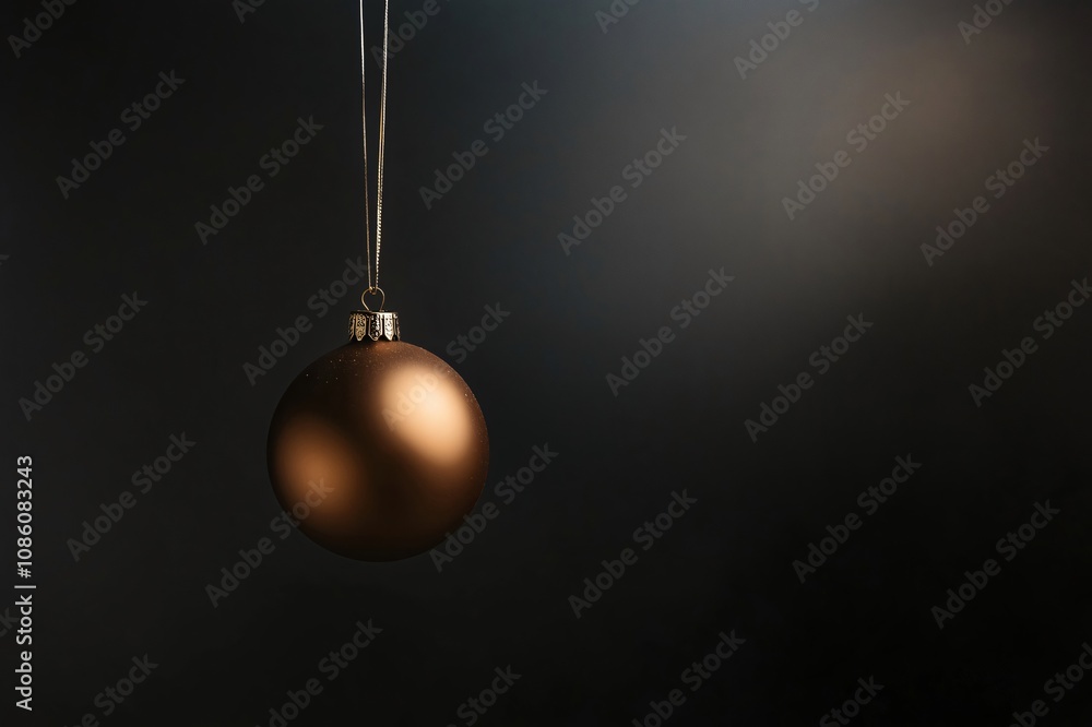 Poster minimal christmas ornament is hanging on a string with a black background and copy space