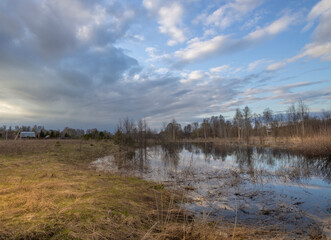 Field with a pond and a house in the background