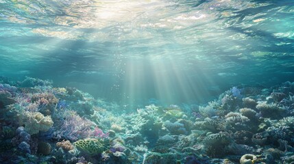 Obraz premium Tranquil Cambrian Ocean Panorama with Diverse Marine Life and Colorful Coral Reefs Under Sunbeams - 3D Rendered Detailed Digital Artwork