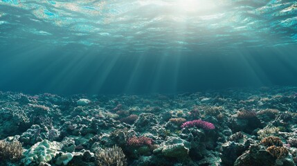 Naklejka premium Majestic Cambrian Ocean Panorama - 3D Render of Vibrant Marine Life, Colorful Coral Reefs, and Sunbeams Underwater
