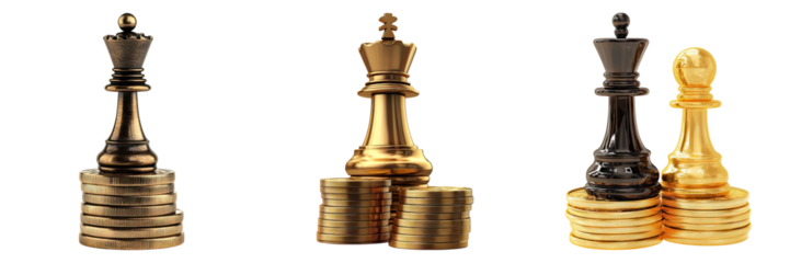 Chess king and paws on stack of golden isolated on transparent background, Set of