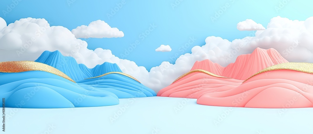Poster blue and pink mountain range with a cloudy sky. the mountains are made of blocks and the sky is fill