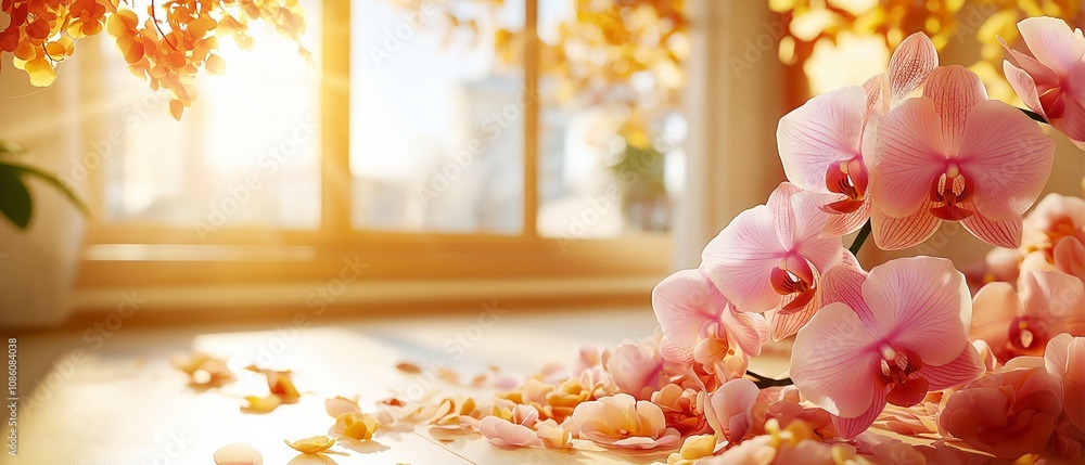 Poster bouquet of pink orchids is displayed in a window sill. the flowers are arranged in a way that they a